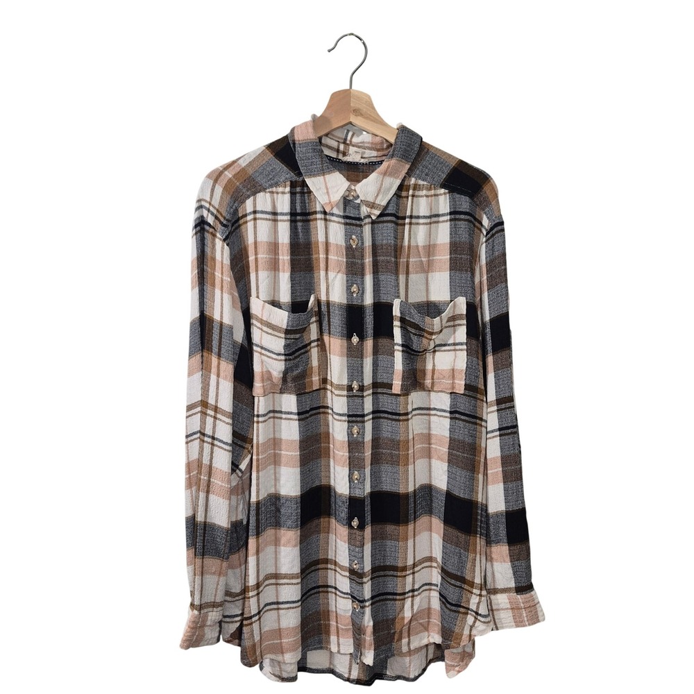 Pilcro and the Letterpress Plaid Button Down Shirt XL Brown Cream Viscose Blend